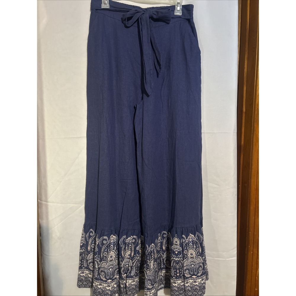 Cato Wide Leg Pants Women Medium Blue Boho Paisley Linen Blend Tie Waist Coastal